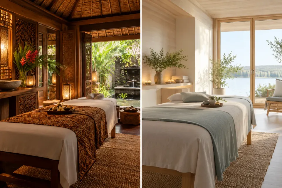 Two treatment rooms side by side: one in dark carved wood with a patterned throw, one pale and minimal beside the water