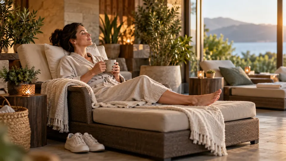 A woman in a robe reclining barefoot on a daybed with a cup in her hands, her shoes on the floor beside it