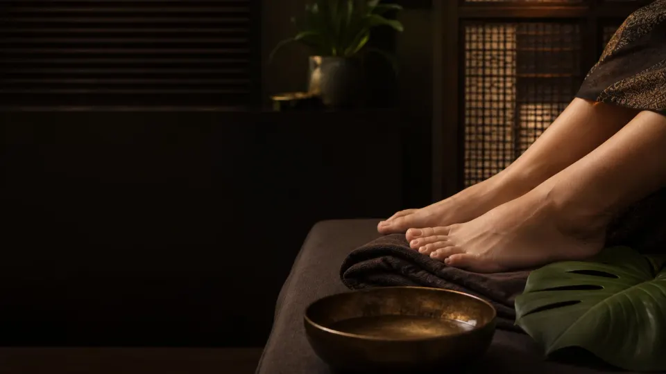 Bare feet resting on dark linen beside a bronze spa bowl