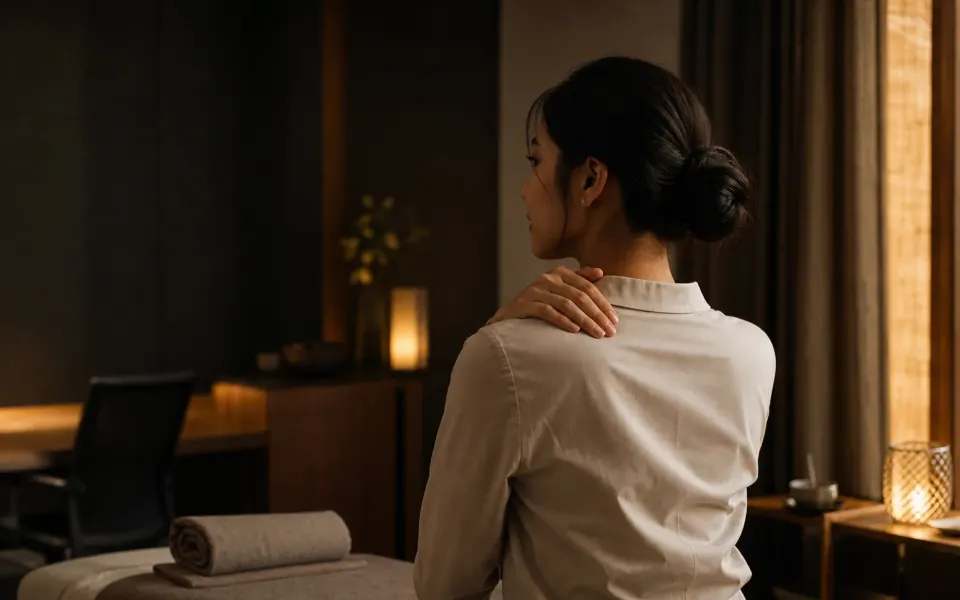 Office professional pausing in a warm, quiet spa room