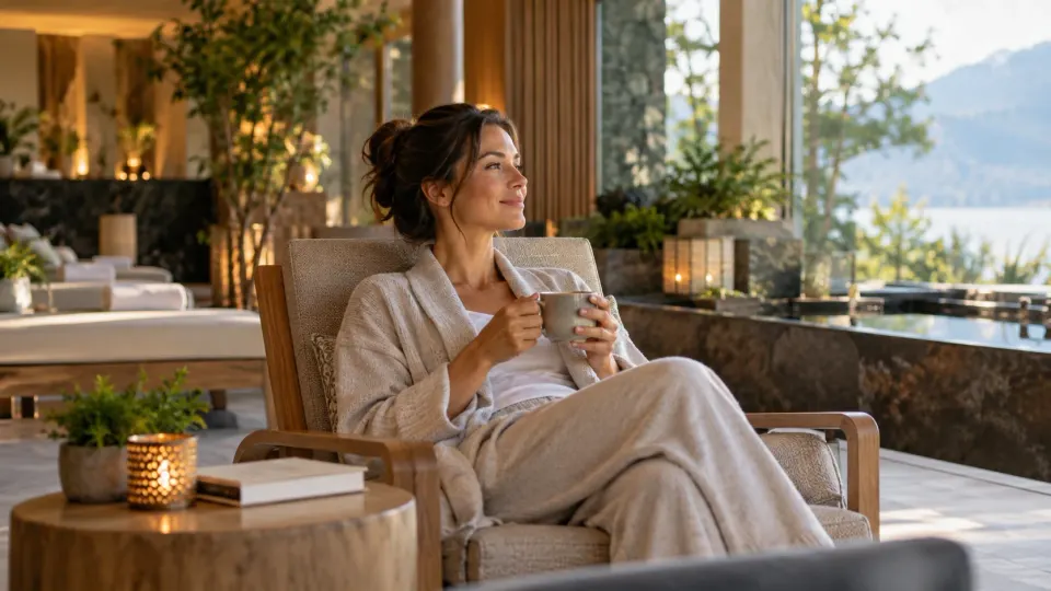 A woman in a robe holding a cup, seated in an armchair in a spa lounge