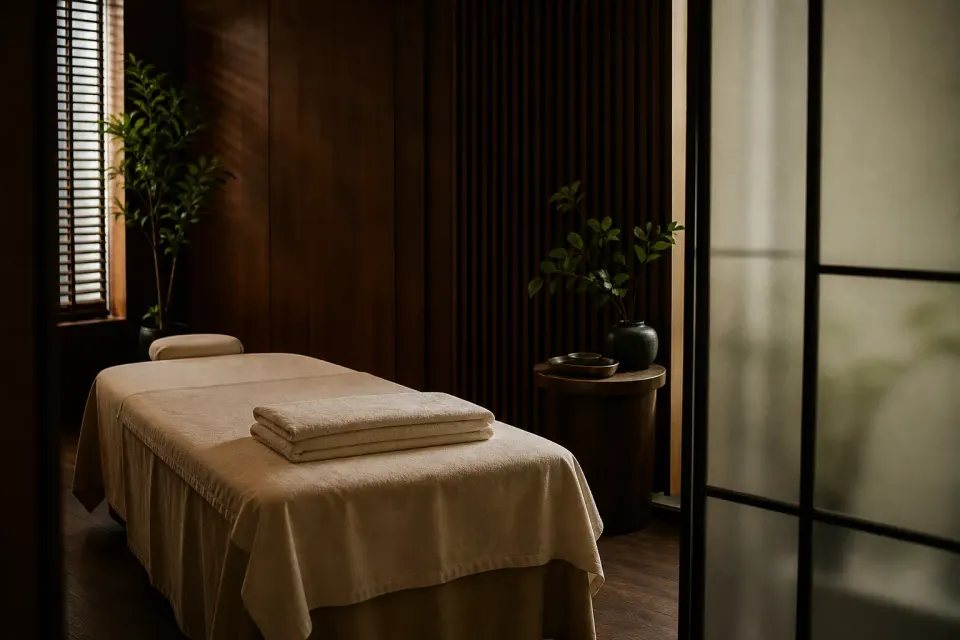 A prepared massage treatment room with fresh folded linen