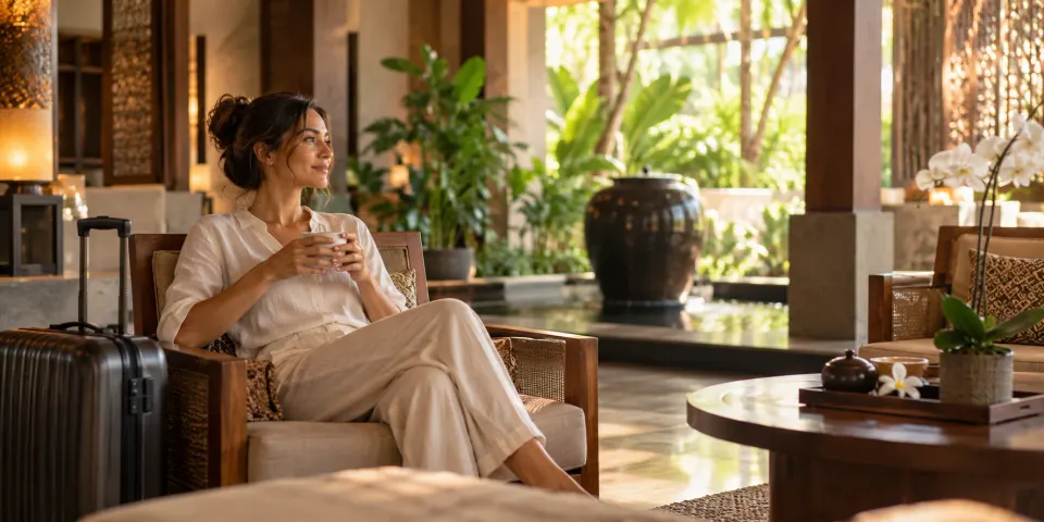 A woman holding a cup, seated in a spa lounge with a suitcase beside her chair
