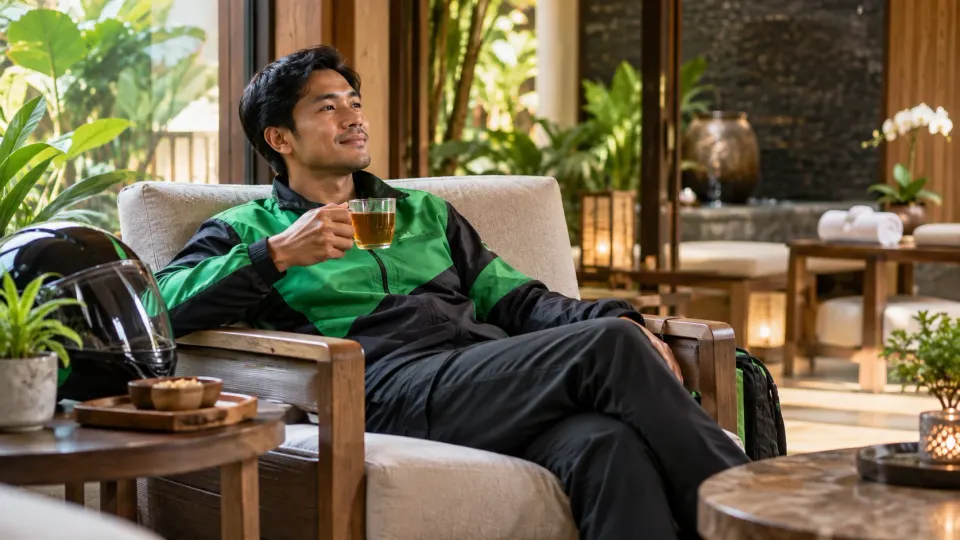 A man in a green and black riding jacket holding a glass of tea in a spa lounge, a helmet beside him