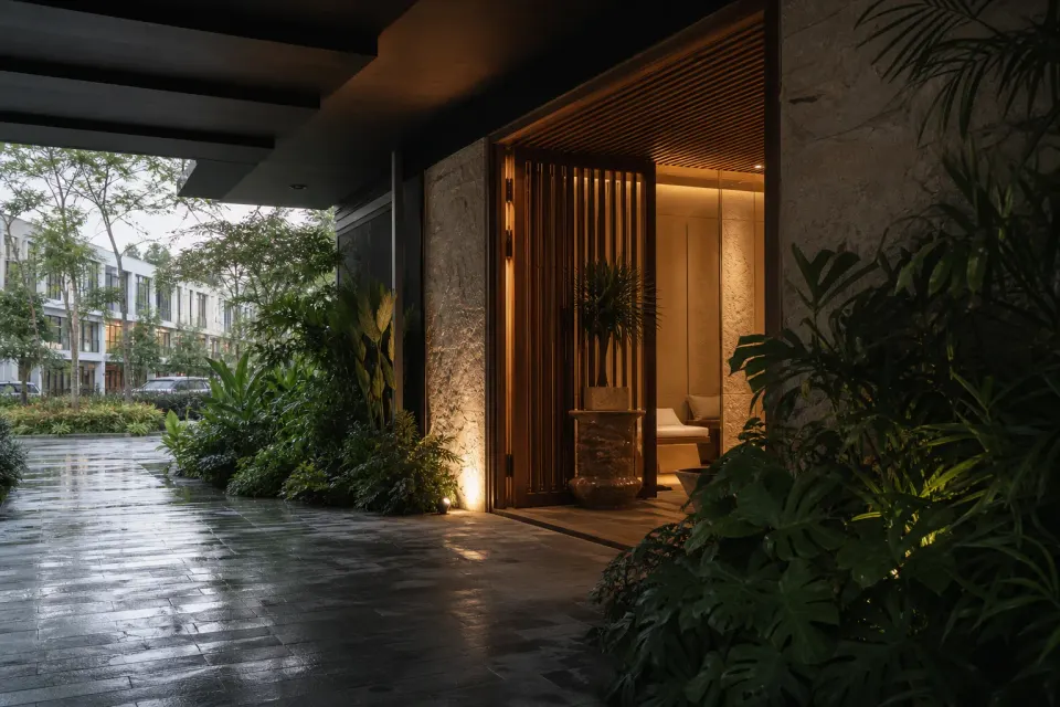 Rain-washed spa arrival in the Permas Jaya area