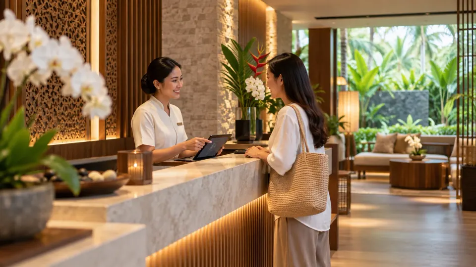 A receptionist showing a tablet to a guest at a spa reception desk