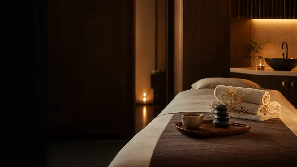 Folded towel, oil bottle and bowl in a softly lit spa treatment room