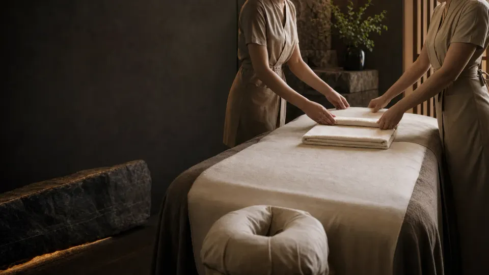 Two spa professionals preparing folded linen beside a massage table