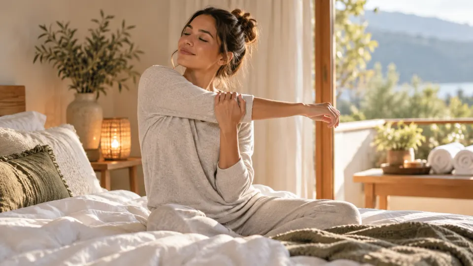 A woman sitting on a bed, stretching one arm across her chest