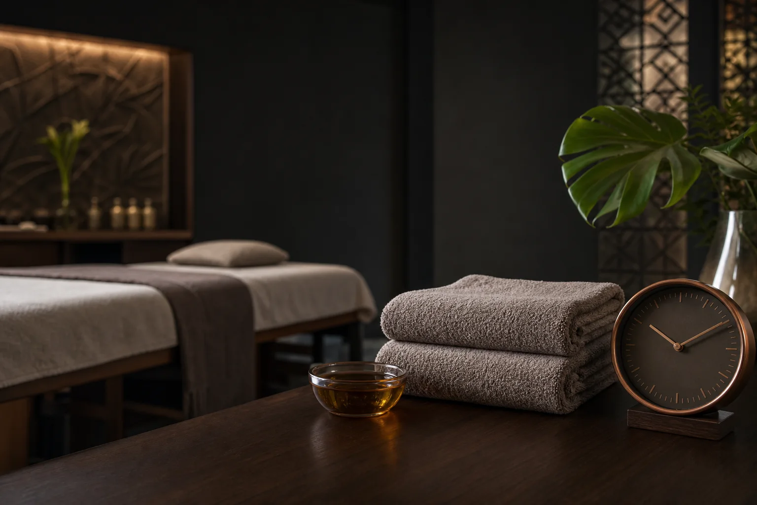 A prepared massage room with folded towels, oil and a clock