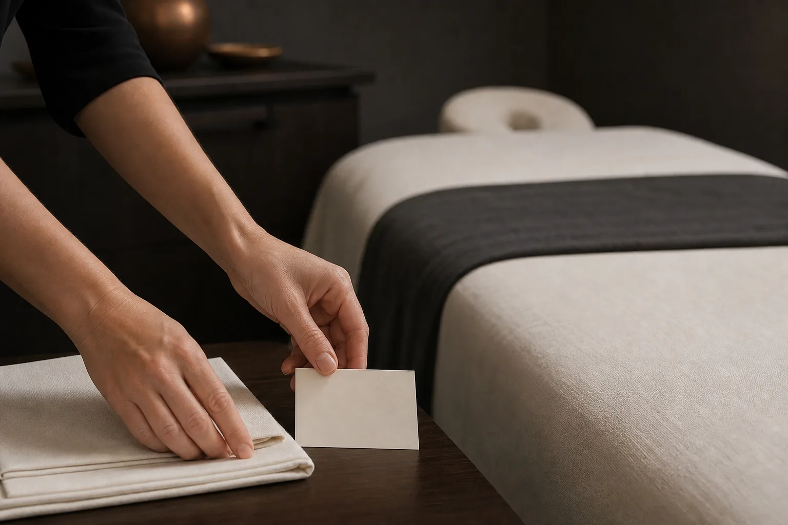 A spa professional arranging fresh linen beside a prepared massage bed