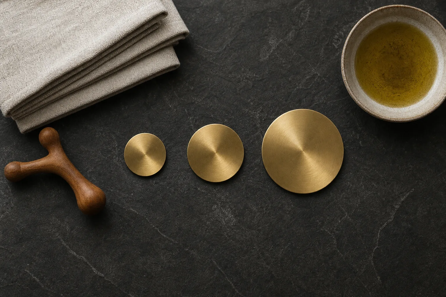 Three brass markers of increasing size arranged with linen and massage oil