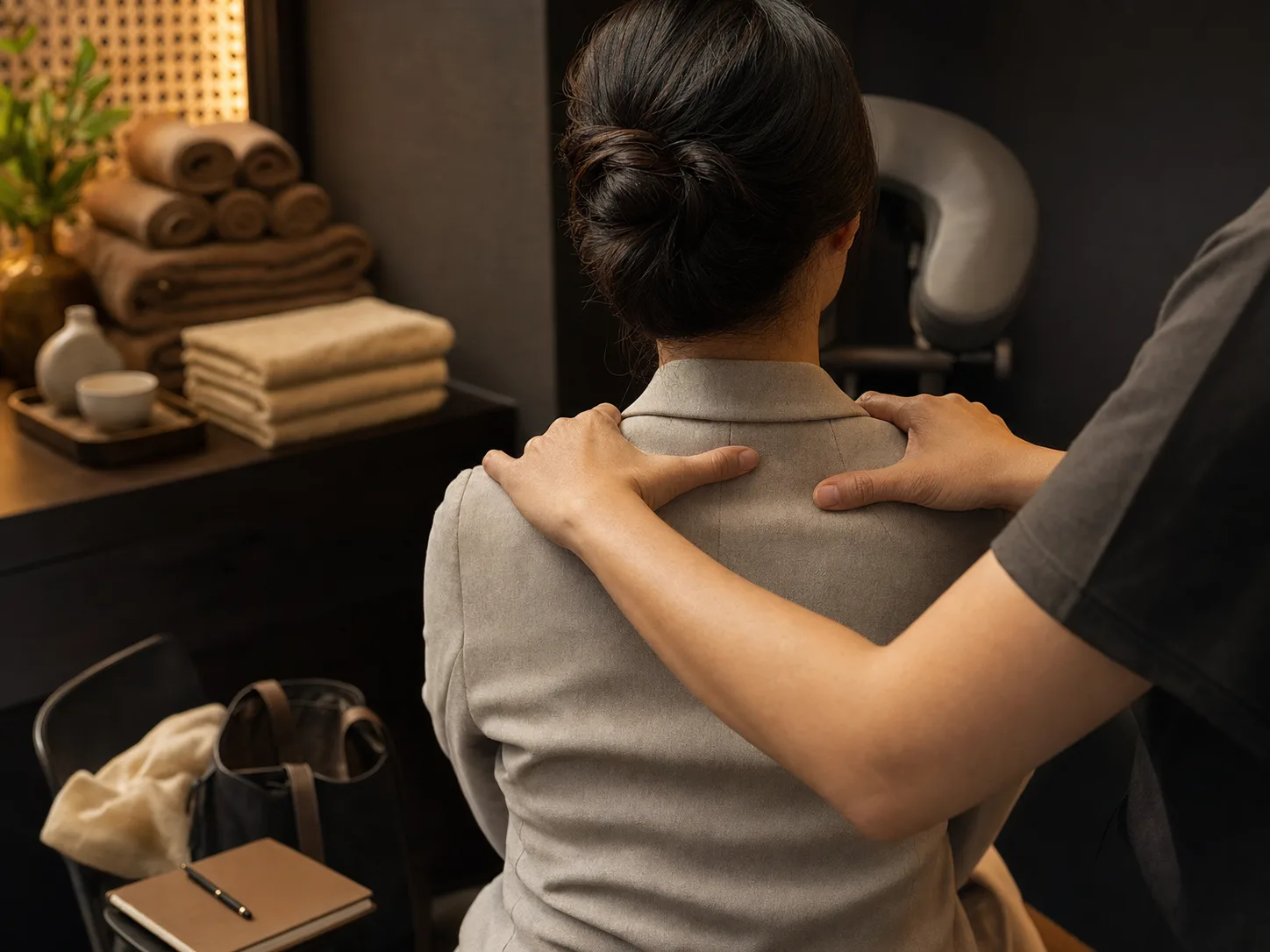 A clothed guest receiving a calm, professional shoulder session