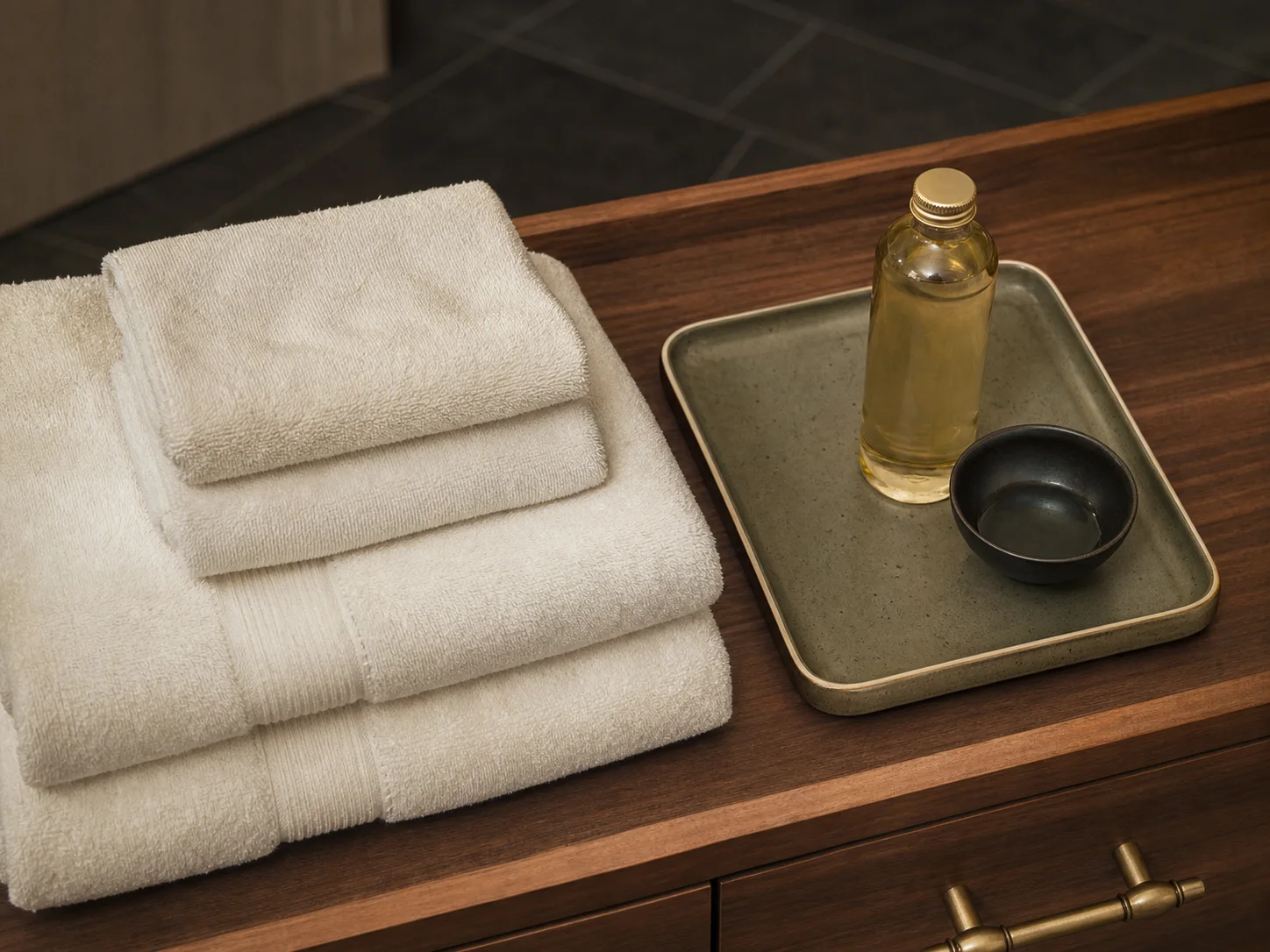 Fresh folded towels beside a neutral massage oil bottle