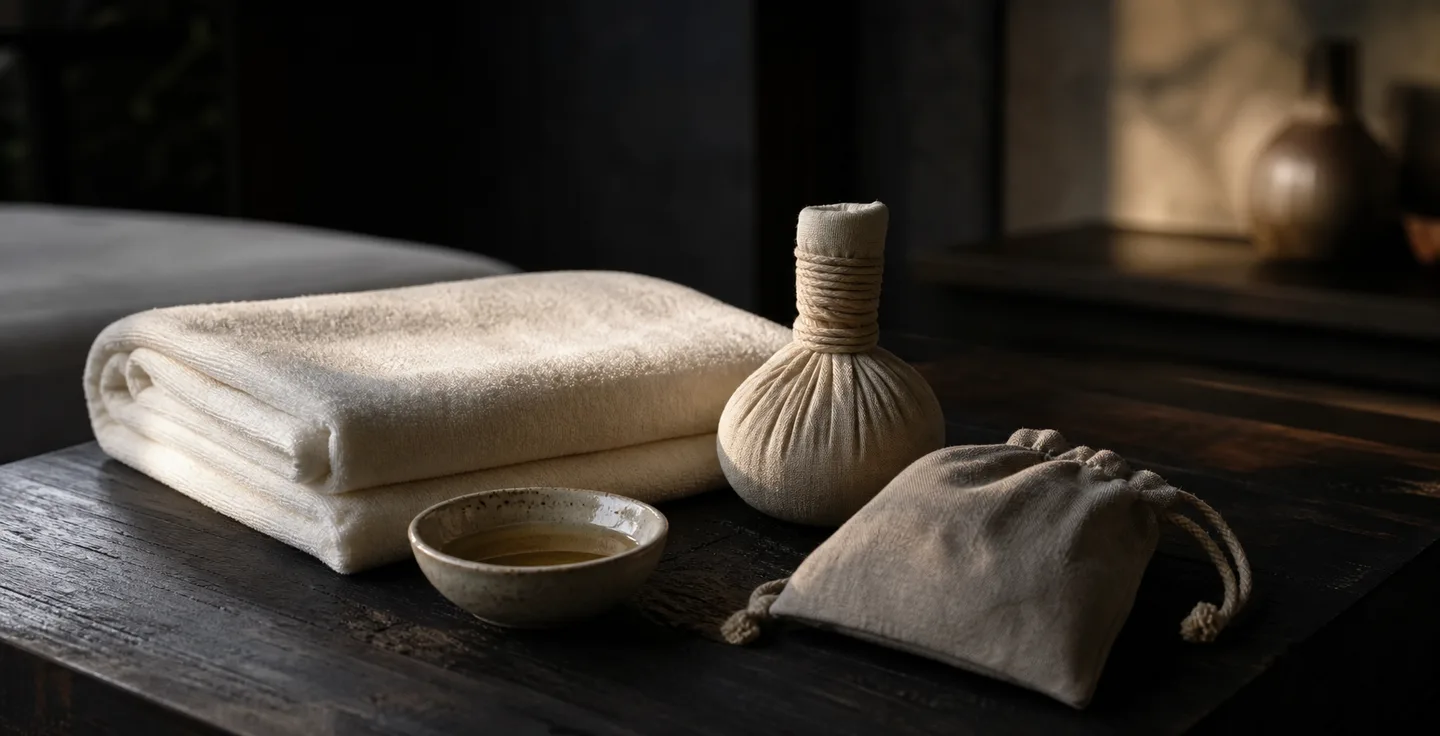 Generated treatment-preparation experience with towels, oil bowl and herbal compress