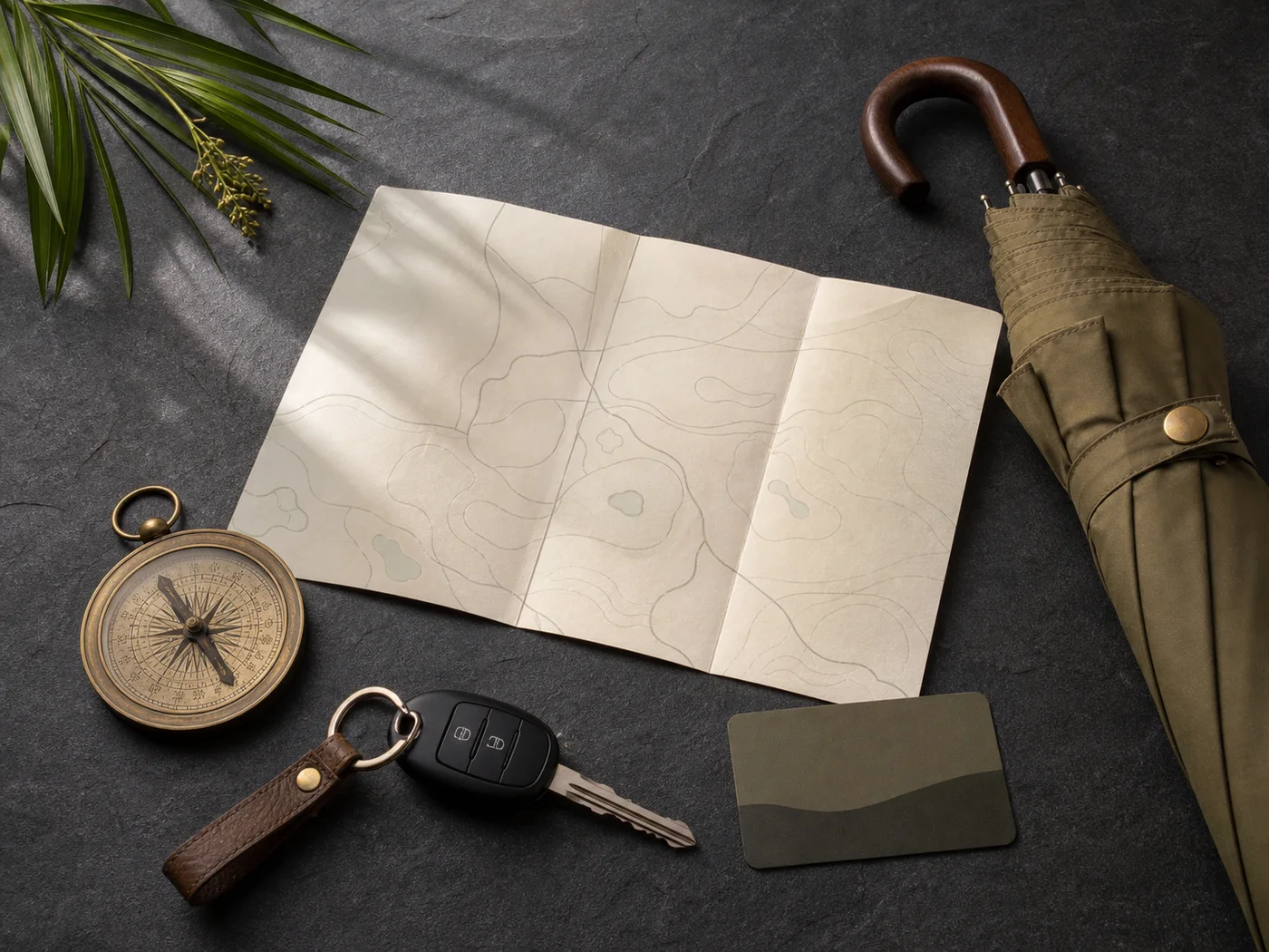 Unlabelled map, compass, umbrella and travel items representing route planning