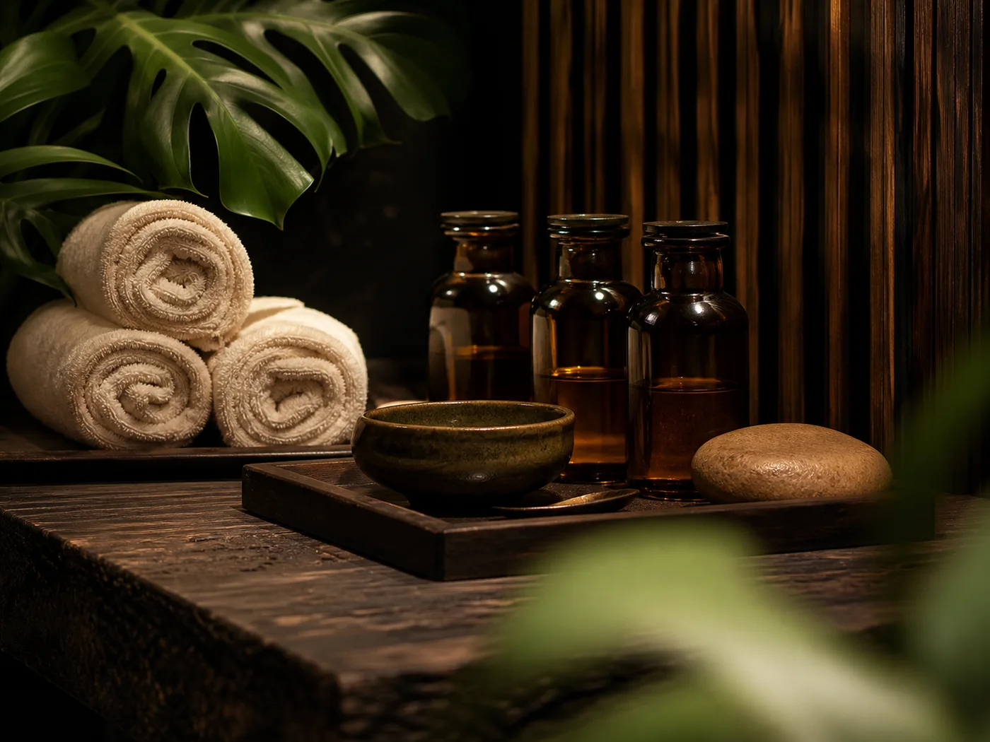 Folded towels and unlabelled massage oil bottles arranged on a tray