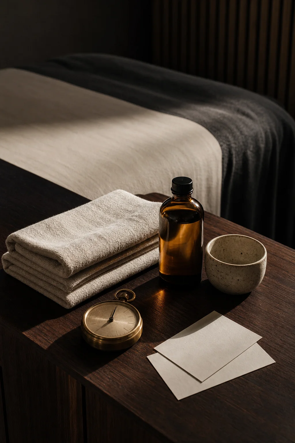 Unlabelled massage oil, linen, a timer and blank consultation cards