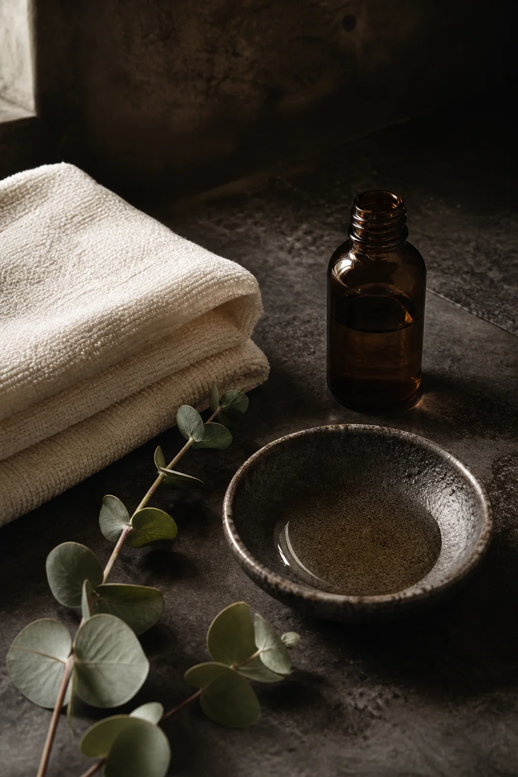 Folded cotton towels, an amber oil bottle and a ceramic bowl
