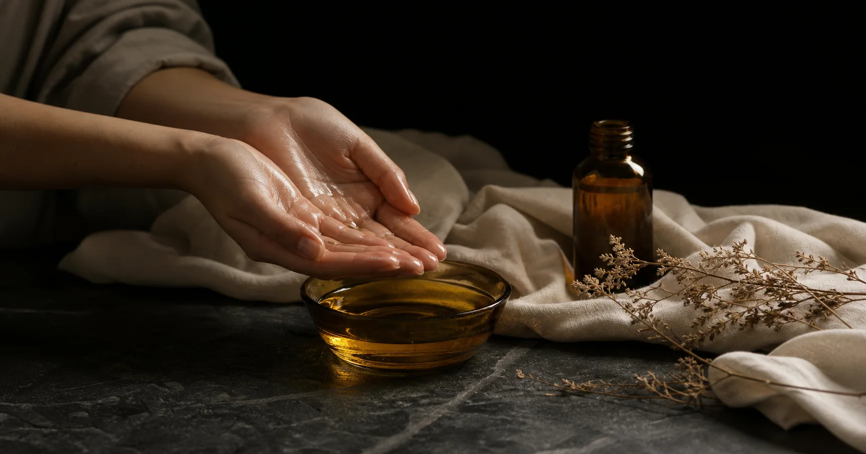 Hands warming massage oil above an amber bowl on dark stone