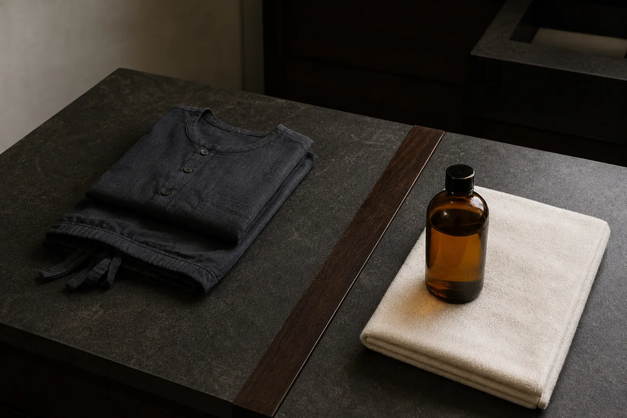 Loose clothing beside massage oil and professional draping linen