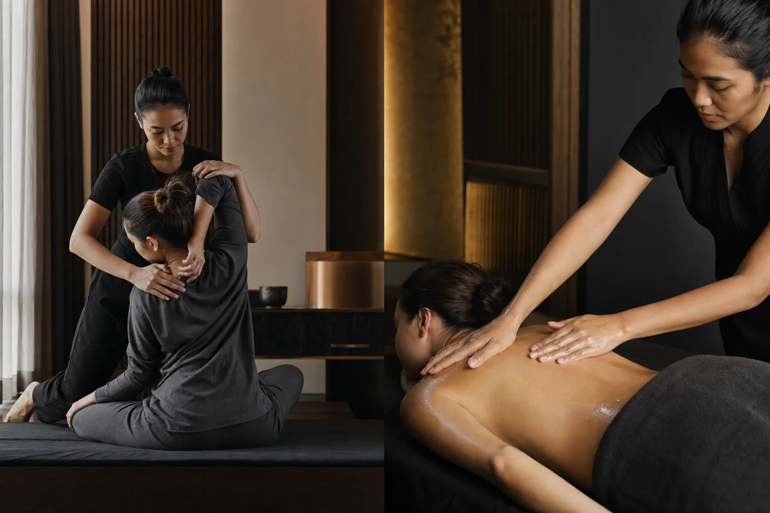A practitioner guiding a clothed client through a supported stretch beside an oil massage
