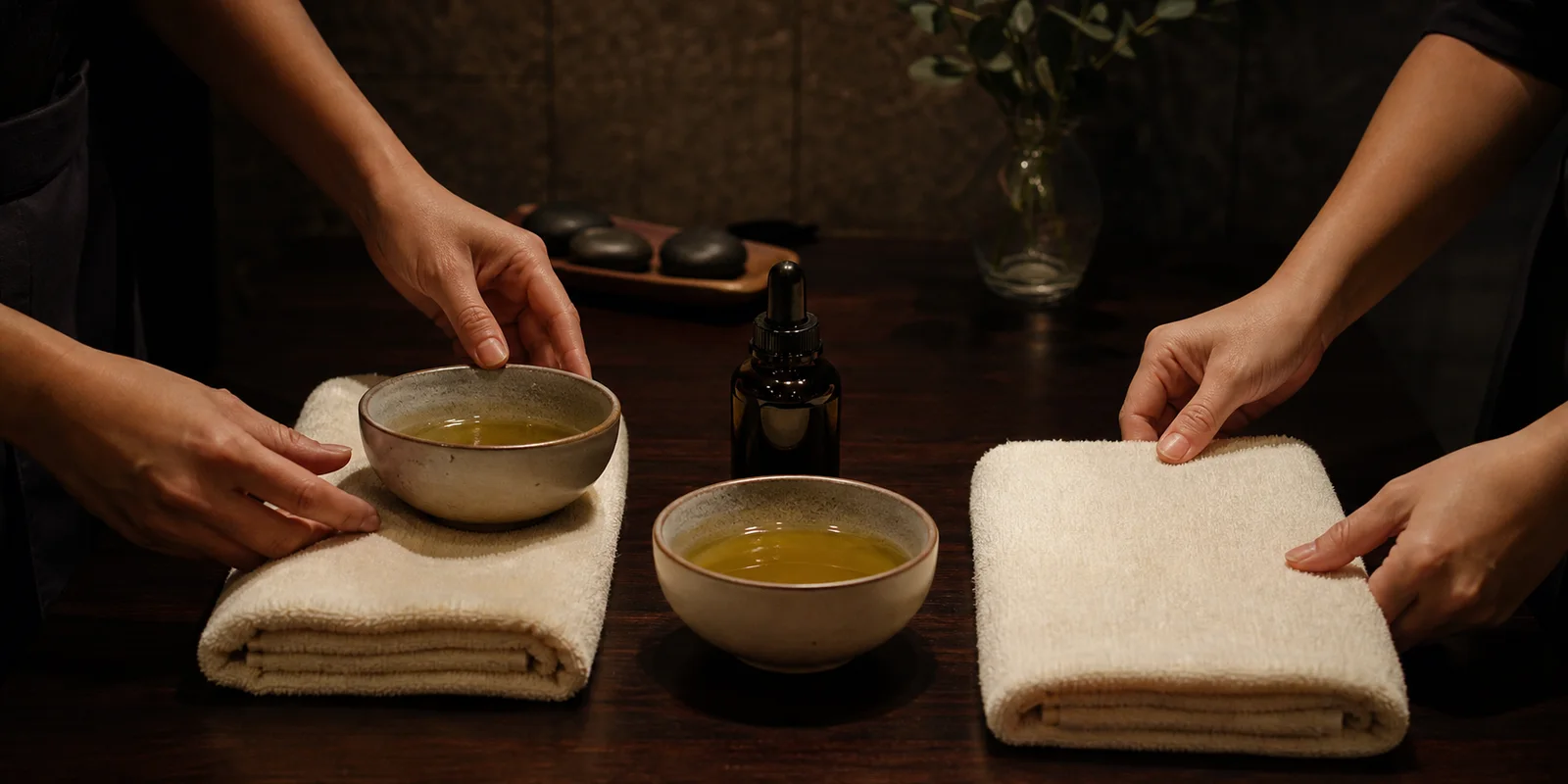 Two therapists preparing oil bowls and folded linen in parallel