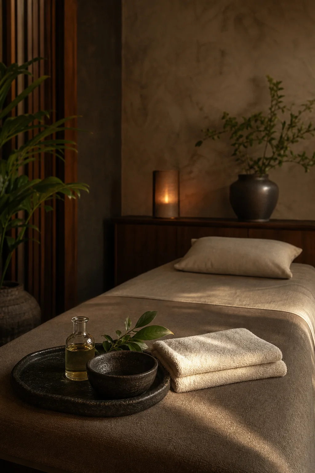 A massage room prepared with linen, botanical oil, and a stone bowl