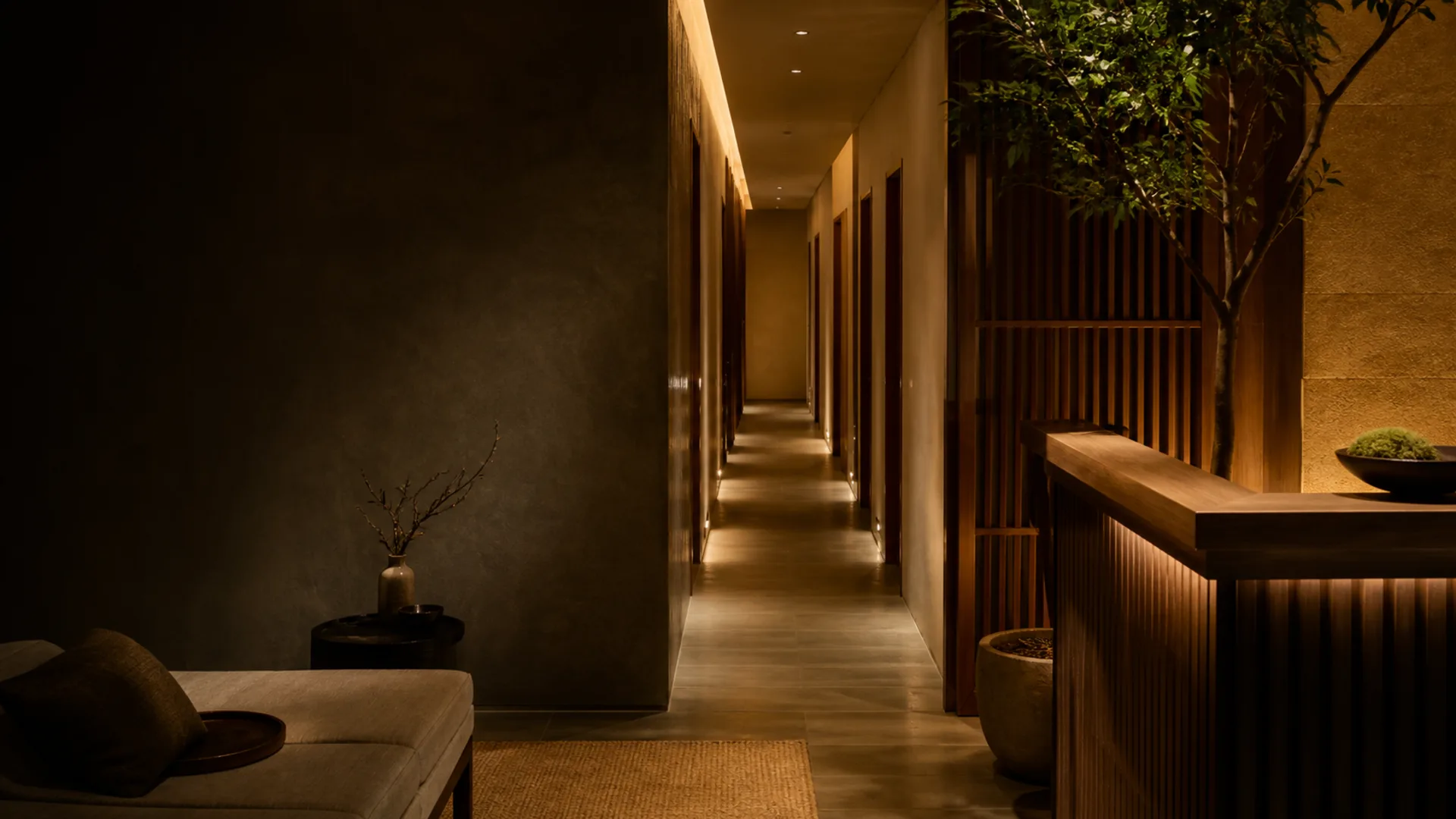 A quiet spa corridor leading to treatment rooms