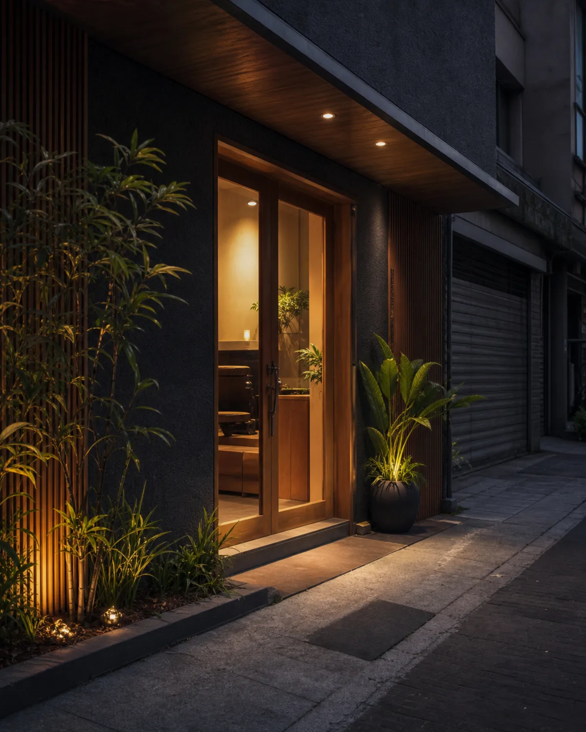 An unbranded urban massage centre entrance at dusk