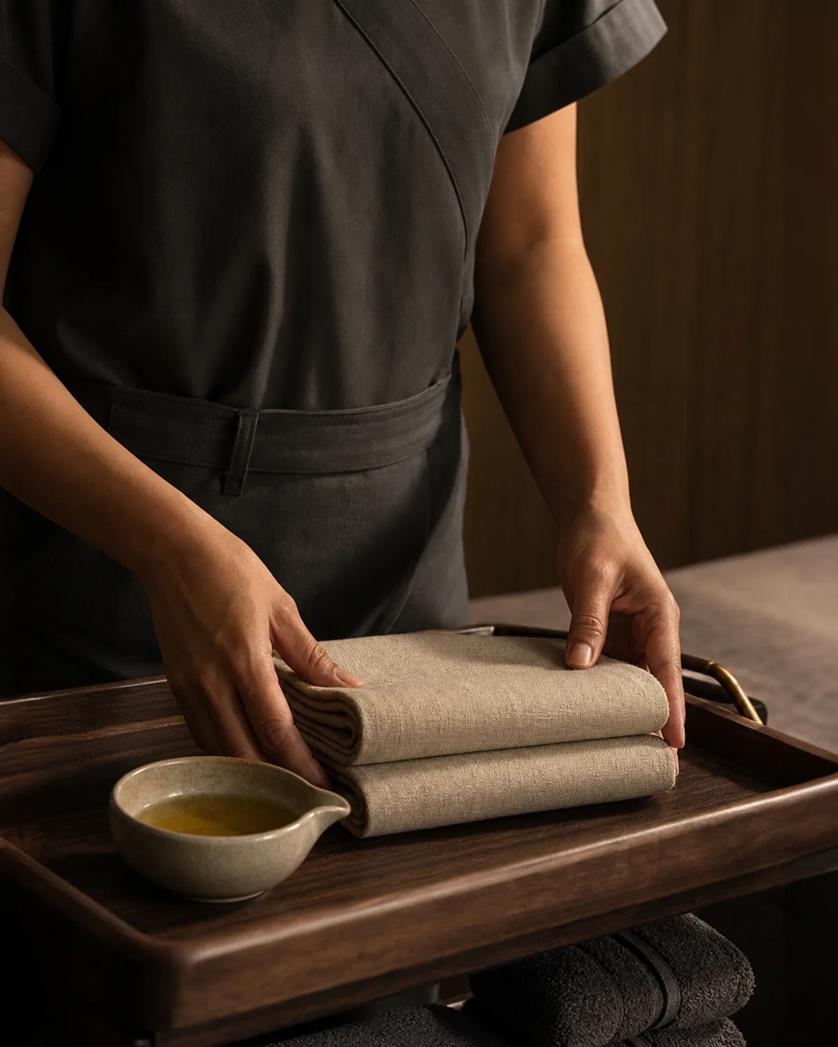 A spa professional preparing fresh folded linen