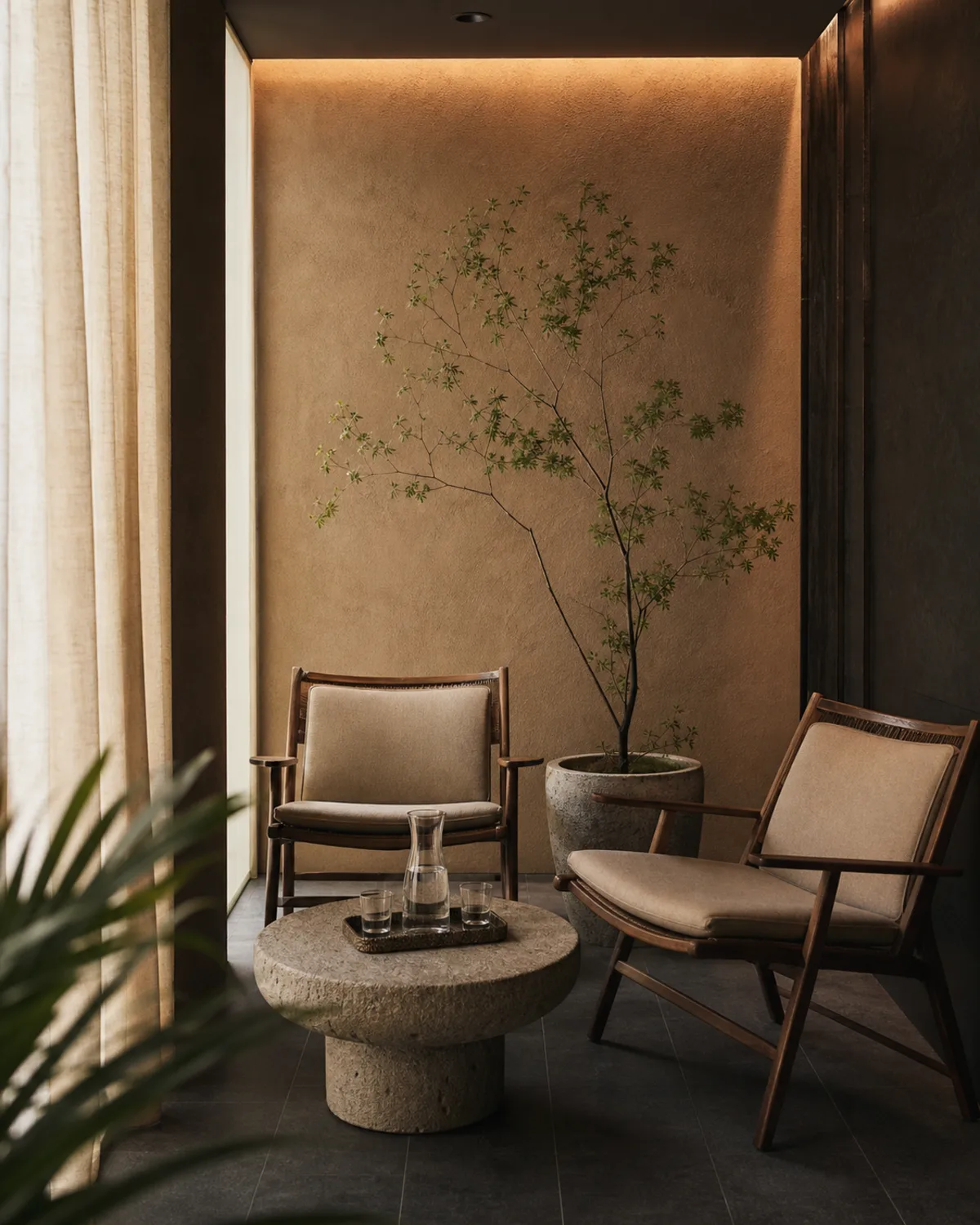 A compact spa waiting area with two chairs