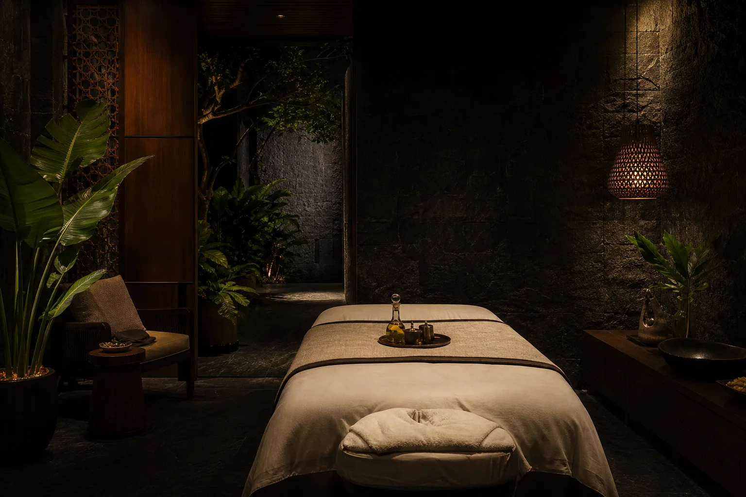 A prepared treatment suite with folded linen and soft lighting