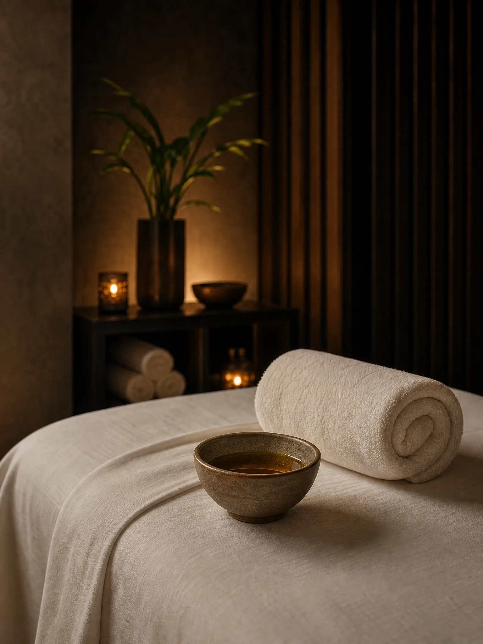 A rolled towel and warm oil bowl prepared on a treatment bed