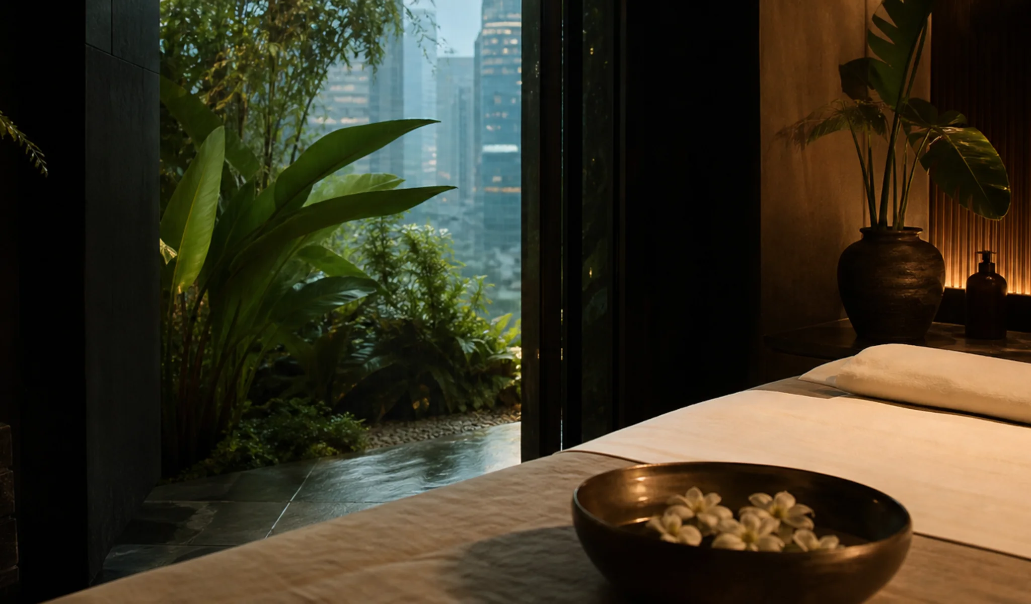 Heaven Local Spa interior overlooking tropical greenery
