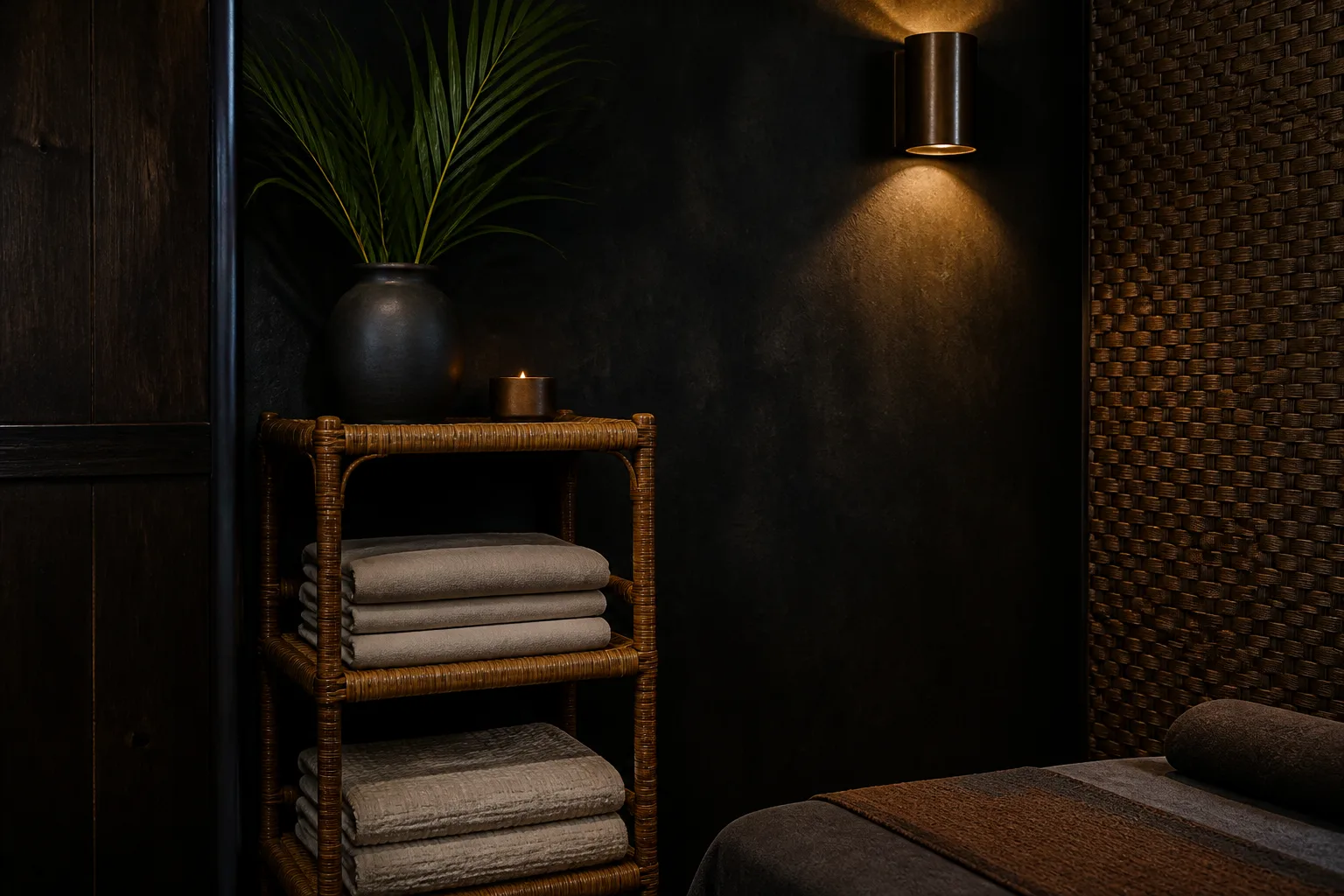 A quiet corner of the Permas Jaya branch with folded linen
