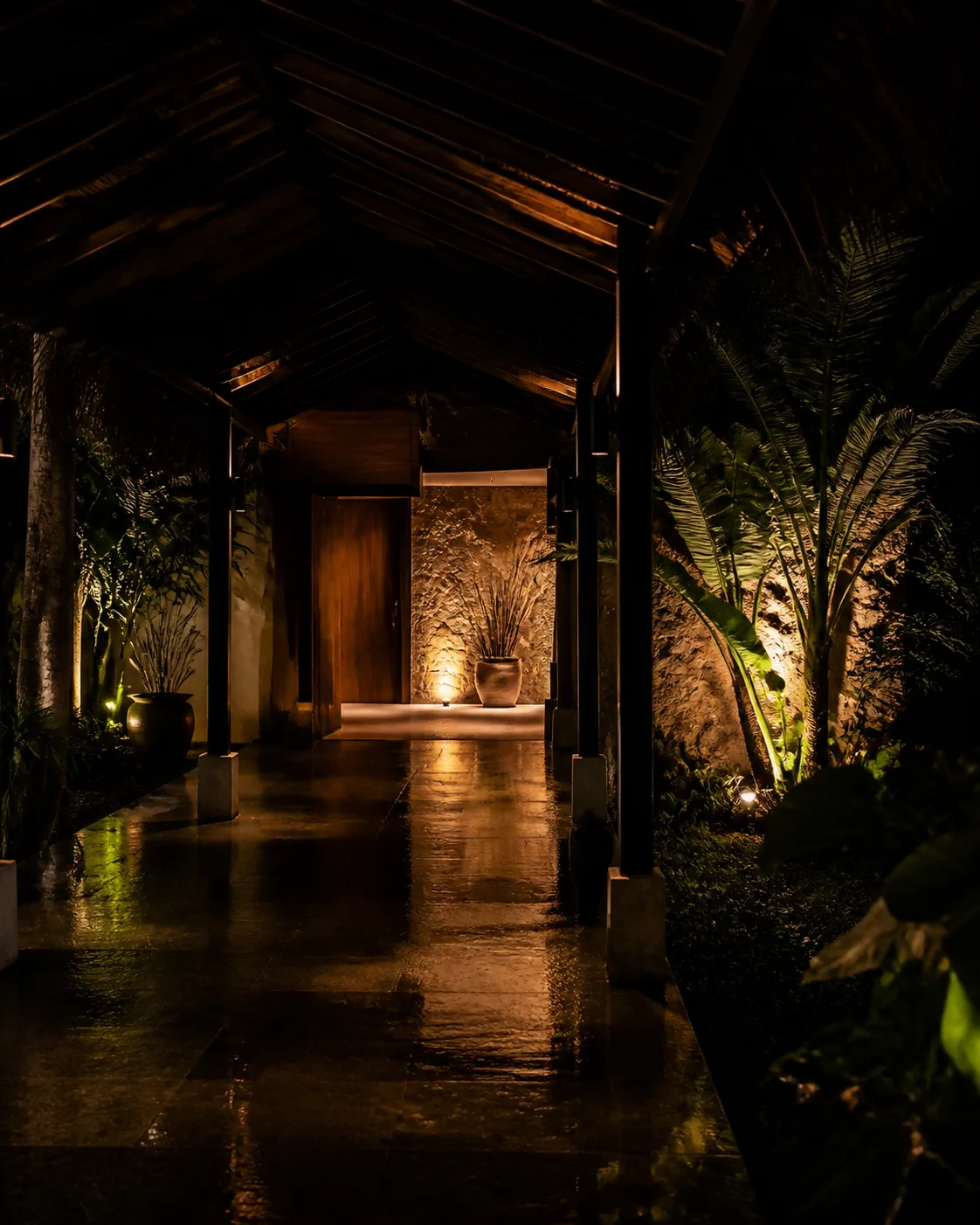 An evening walkway leading to a Kuala Lumpur spa entrance