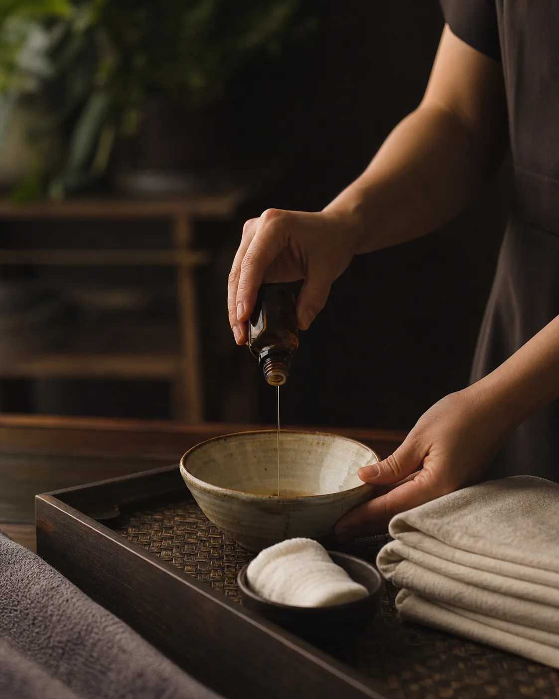 Therapist preparing massage oil