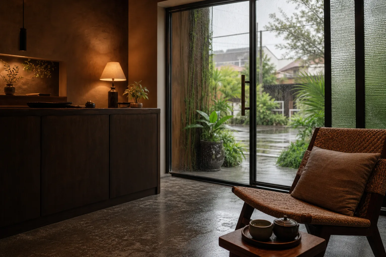 Boutique spa reception after tropical rain
