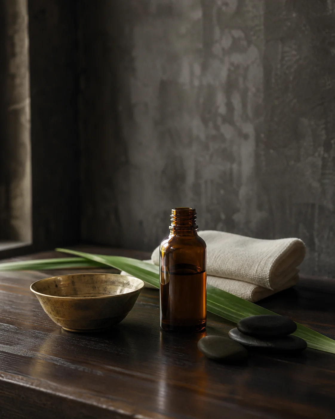 Massage oil and towels laid out in preparation for a session