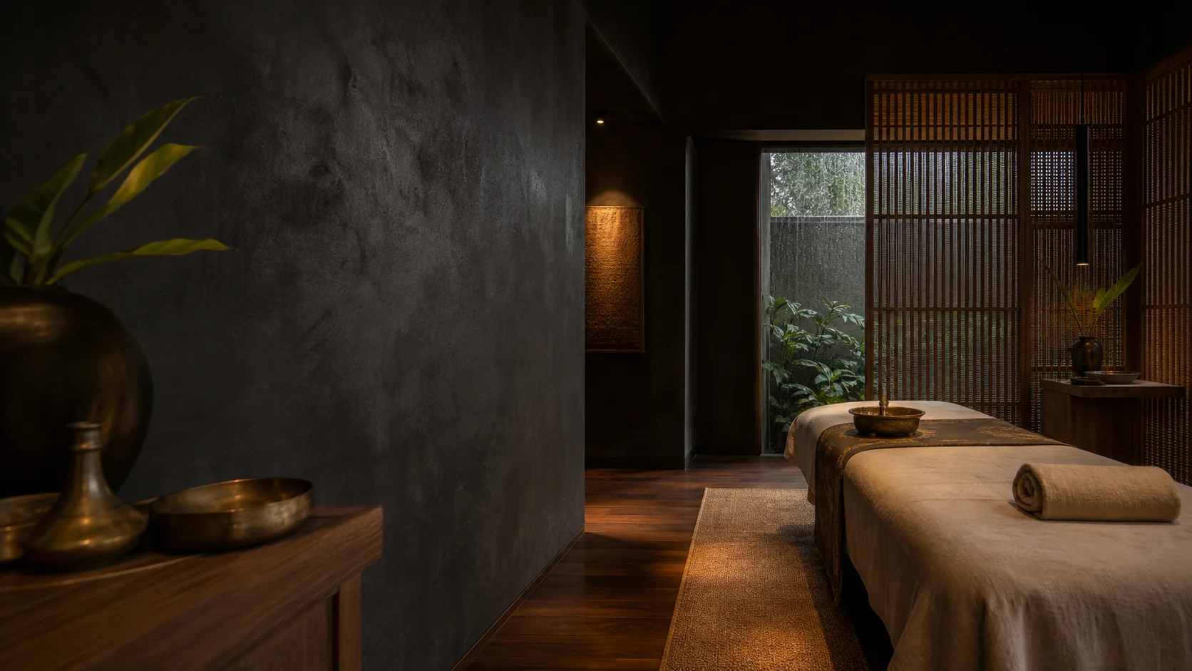 Dark timber massage suite representing Seri Kembangan