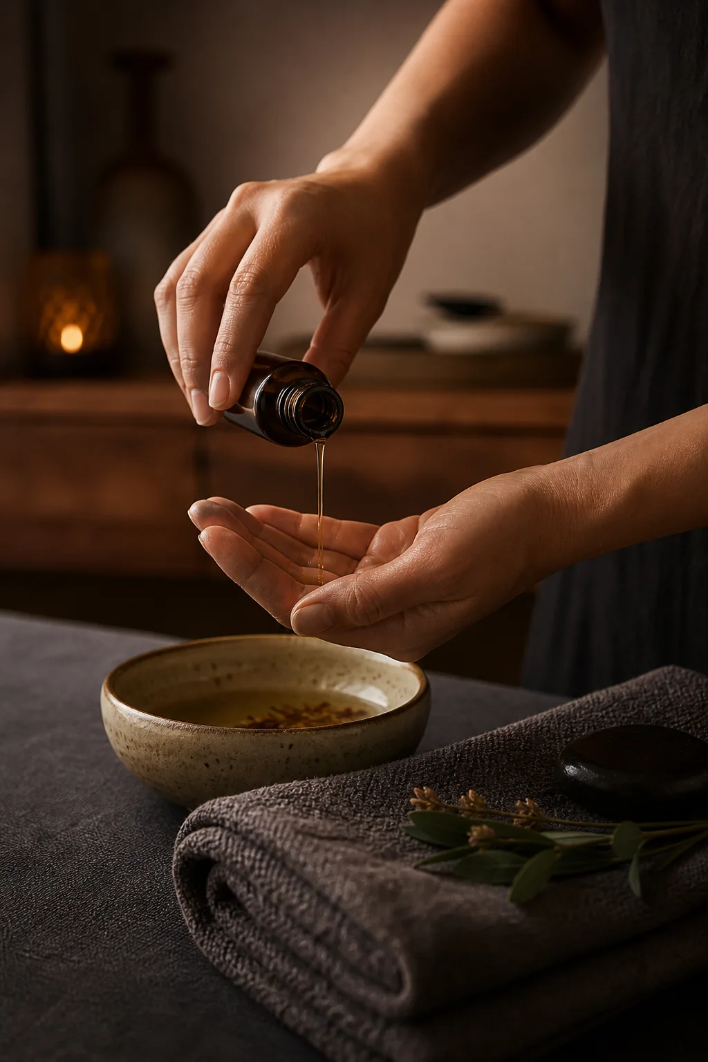 A therapist preparing massage oil before a session