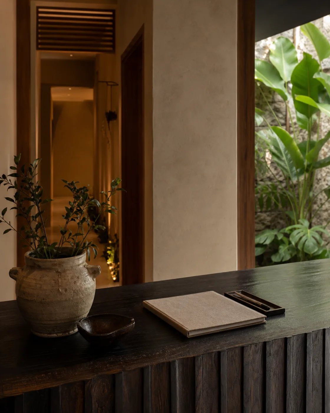A warm timber spa reception