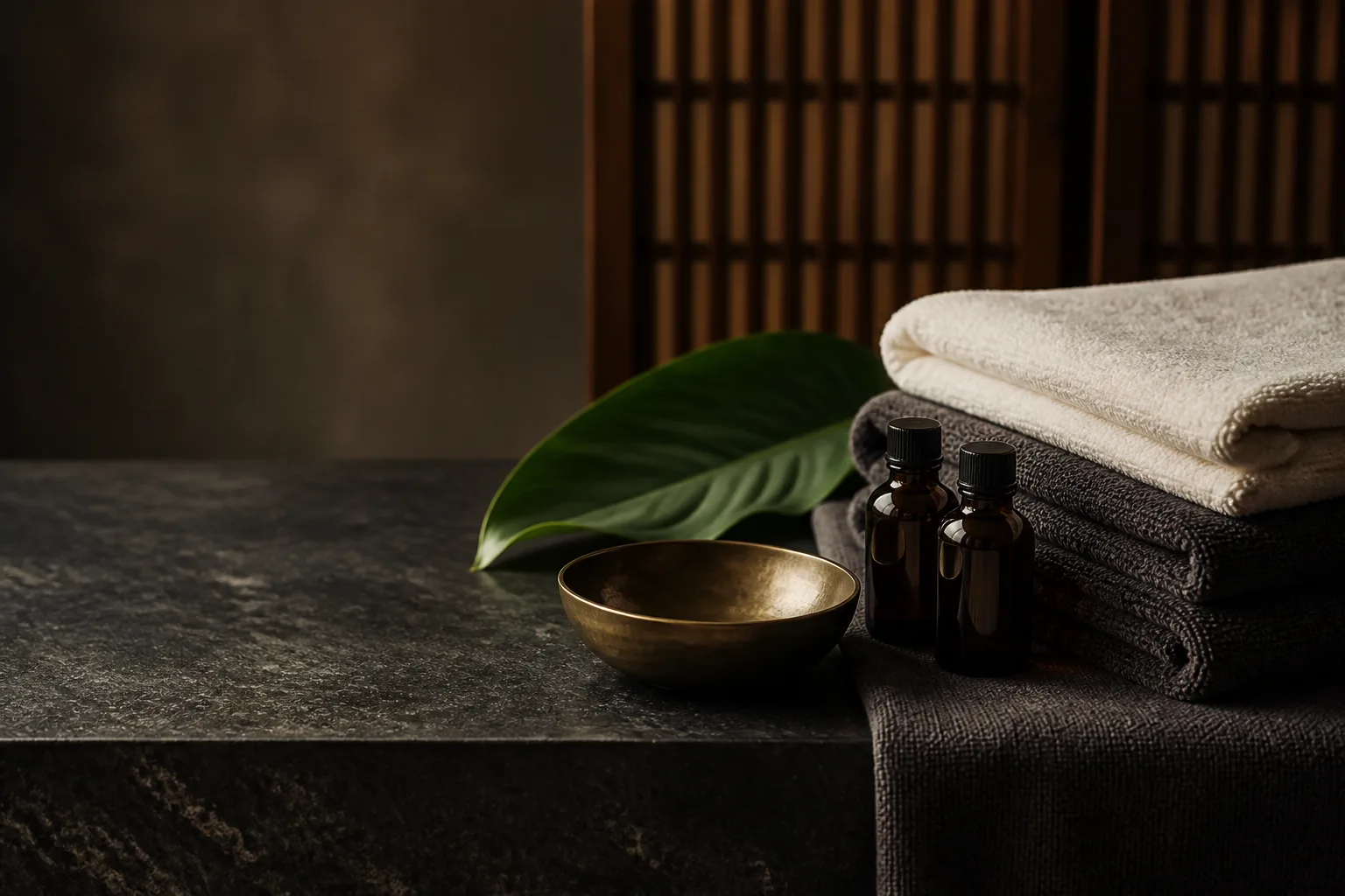 Folded towels, massage oils and a brass bowl prepared for a spa ritual