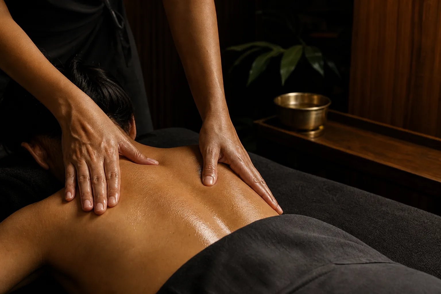 A professional therapist performing an oil massage in a dark treatment suite