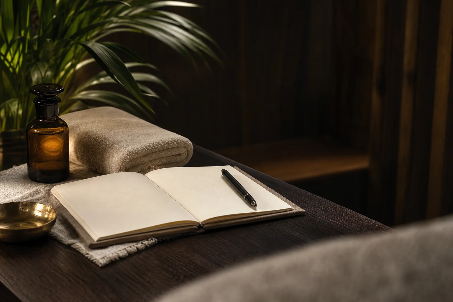A blank appointment notebook beside spa towels and massage oil