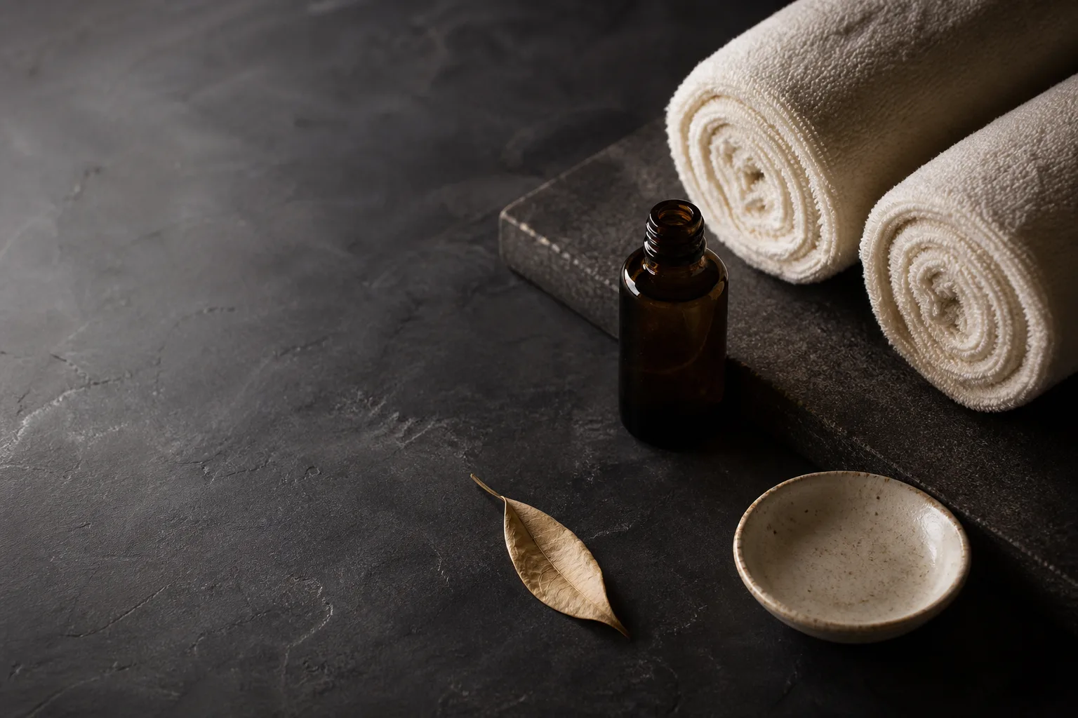 Towels and an unlabeled massage oil bottle arranged for a treatment