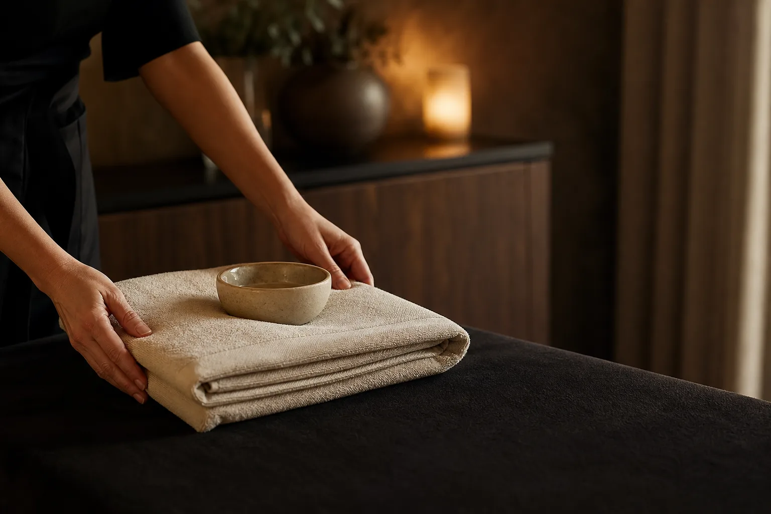 A spa professional arranging towels before a guest visit