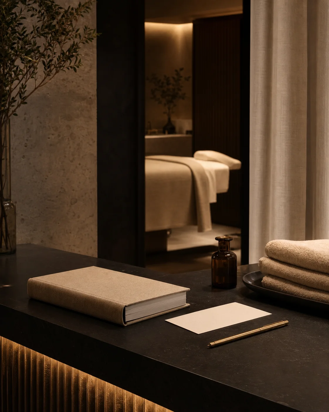An appointment book at a quiet spa reception desk