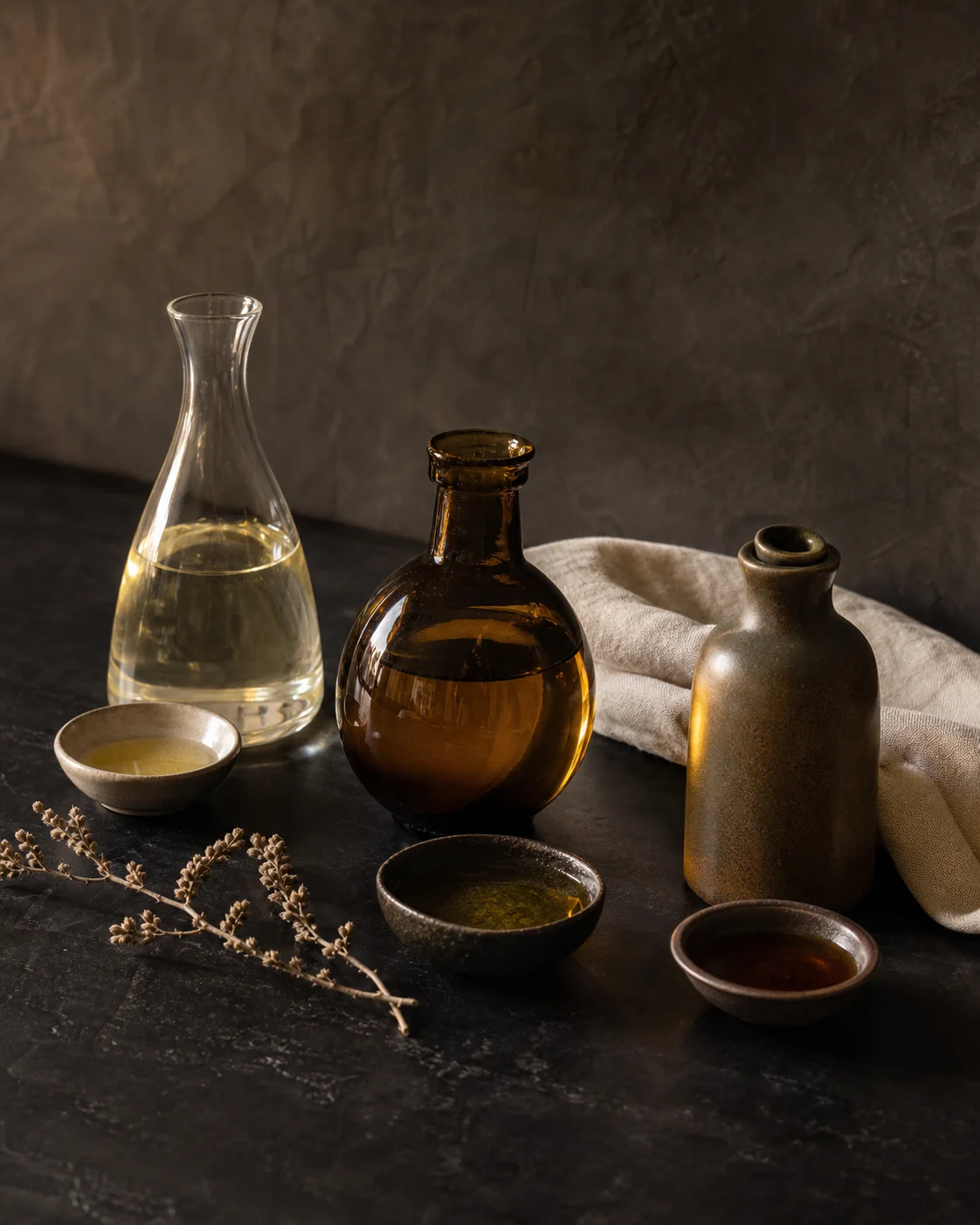 Three unlabeled oil vessels arranged on dark stone